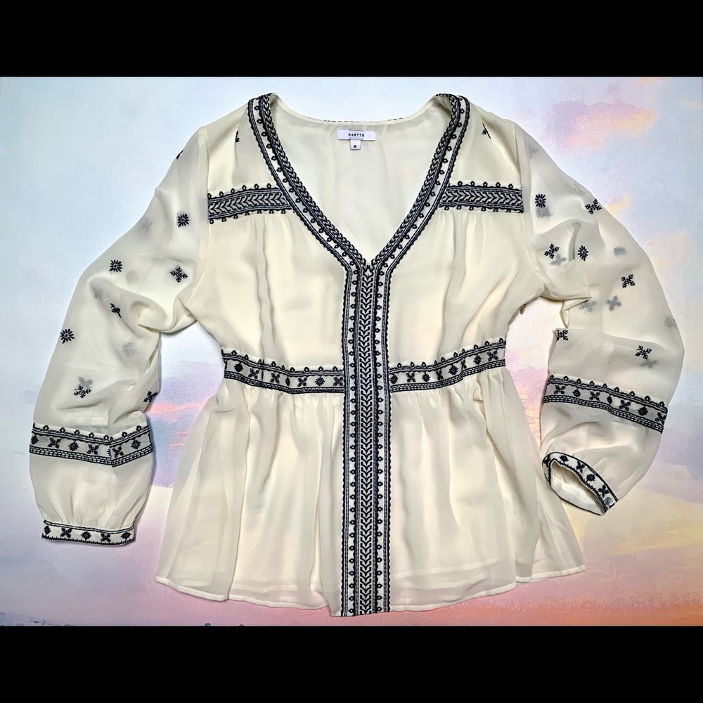 ANTHROPOLOGIE MAETTE Ivory Chiffon Blouse Navy Embroidery Lined